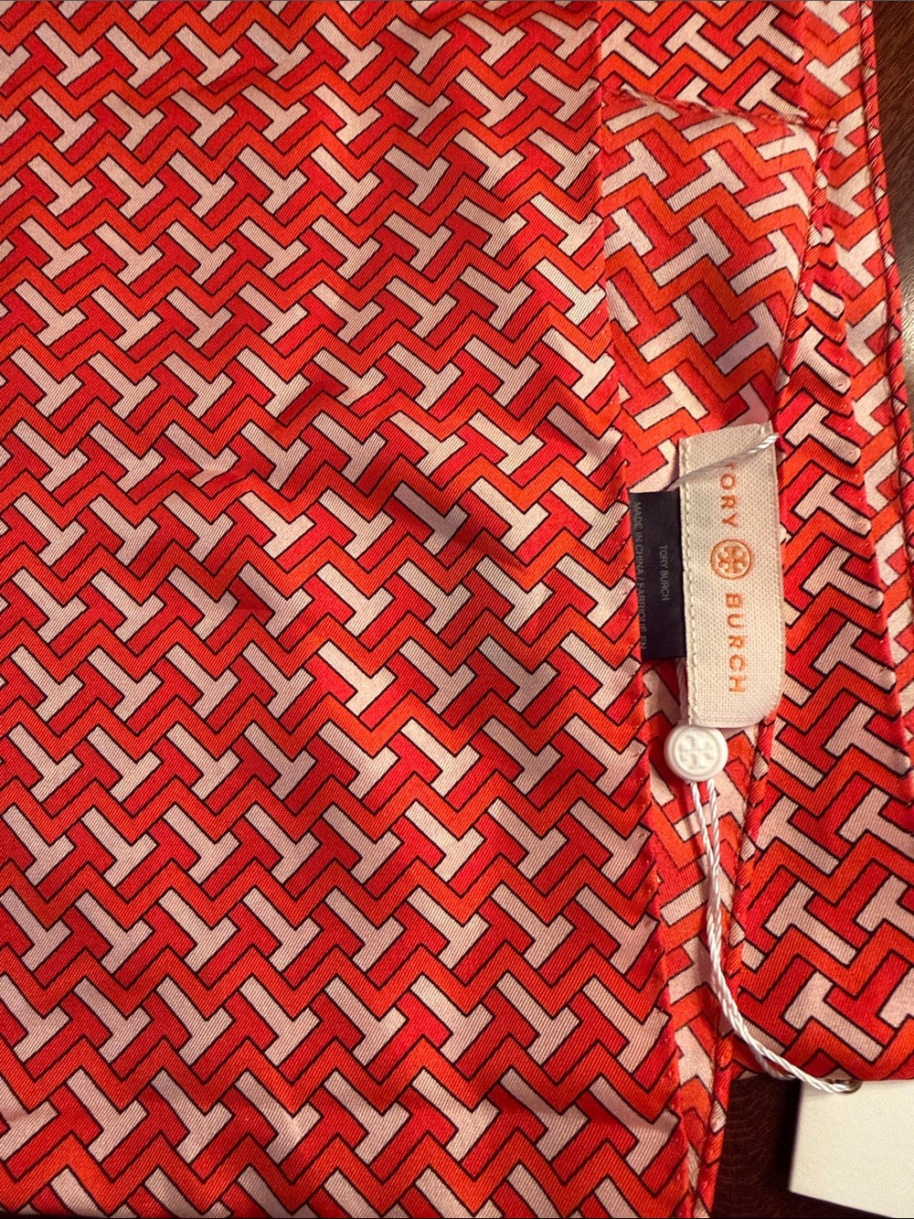 Tory Burch Red and White Geometric Silk Scarf